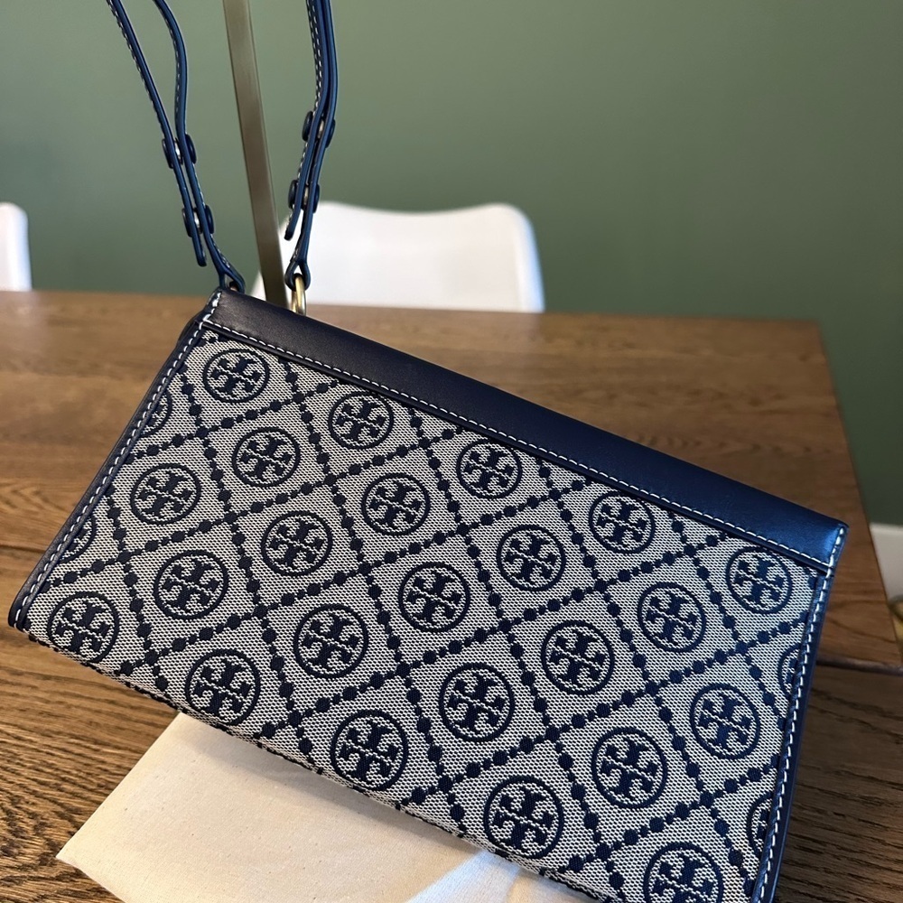 NWT! NEW! Tory Burch T Monogram Jacquard Mini Pouchette Navy 2 in 1 Shoulder Bag - Picture 9 of 16